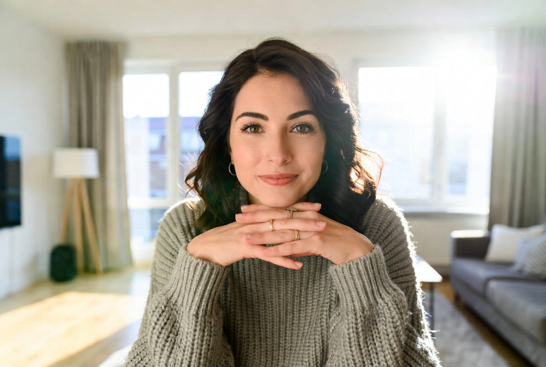 A confident woman in a sunlit apartment wearing multiple rings, including a pinky ring, symbolizing self-love and commitment.