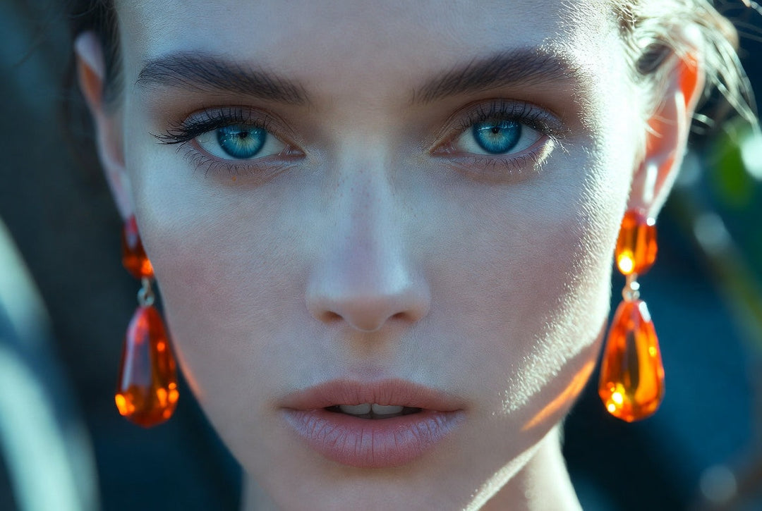 Close-up of woman with blue eyes wearing complementary orange citrine drop earrings.