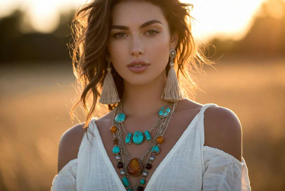 Boho chic fashion style portrait featuring layered necklaces and tassel earrings at sunset.