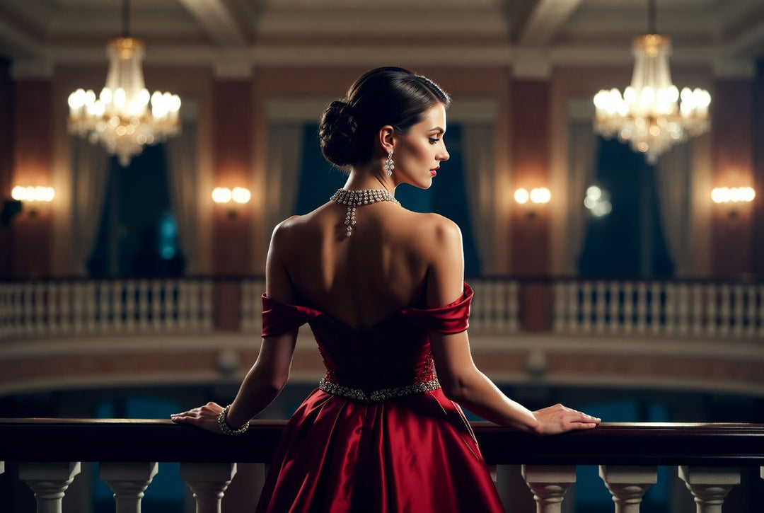 Elegant woman in an evening gown wearing a statement necklace and formal accessories.