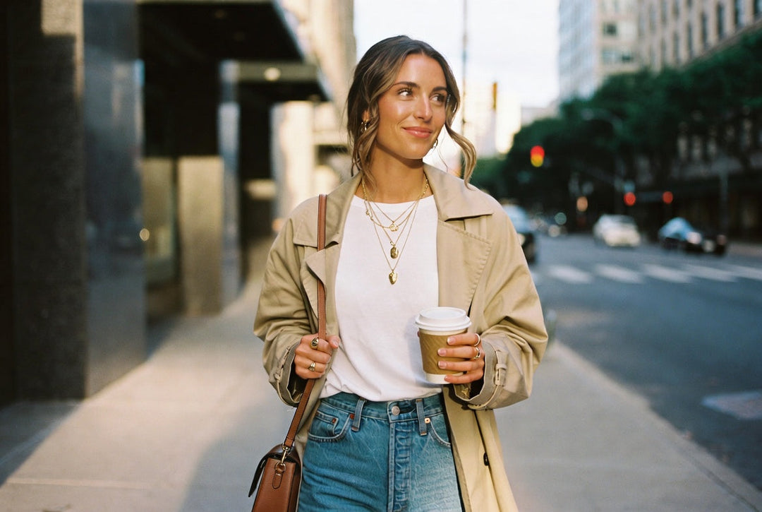 Street style photo of woman in casual weekend outfit elevated with layered gold necklaces and rings.