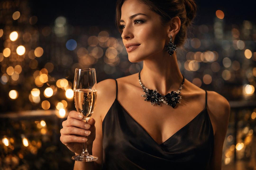 A stylish woman wearing elegant cocktail party jewelry at a glamorous evening rooftop event