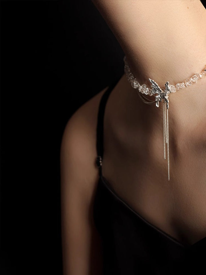 バタフライフリンジS925ホワイトクリスタルネックレス