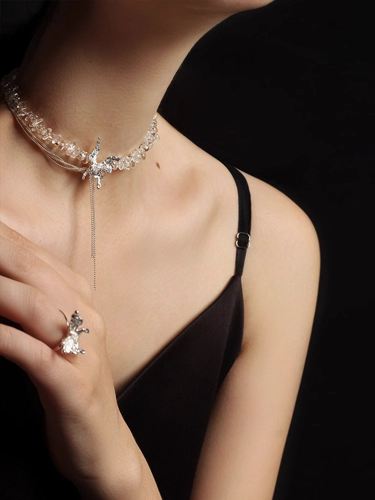 バタフライフリンジS925ホワイトクリスタルネックレス