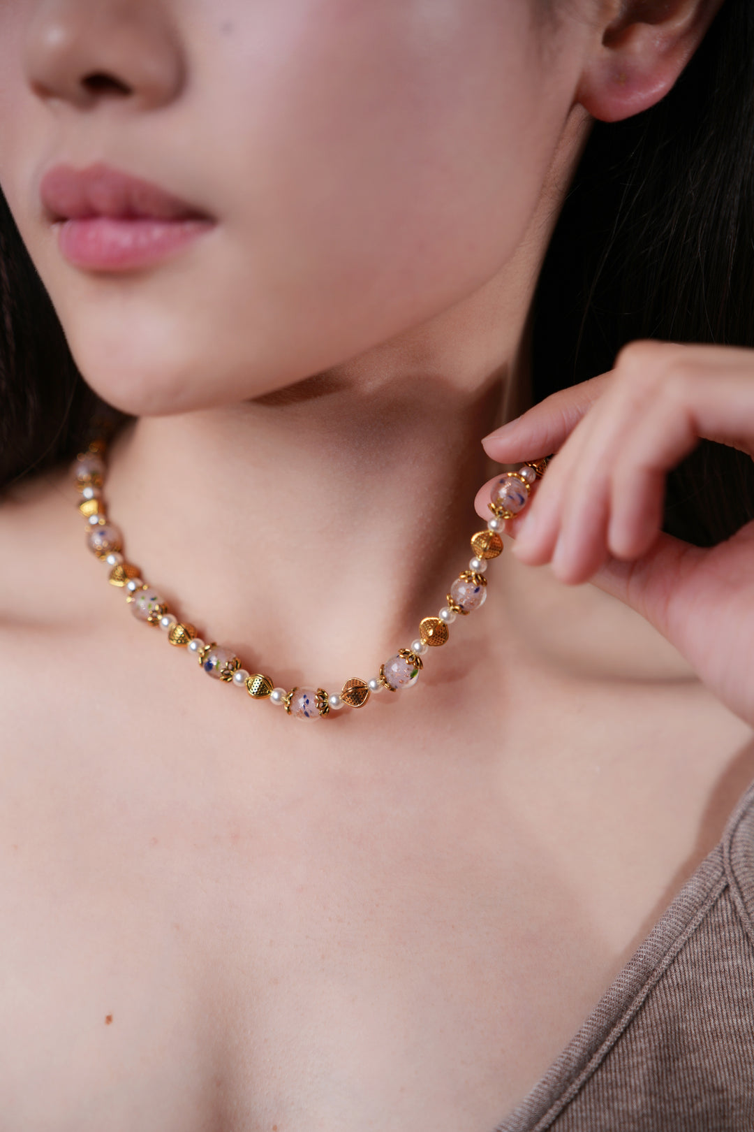 Floral Glazed Bead & Pearl Necklace