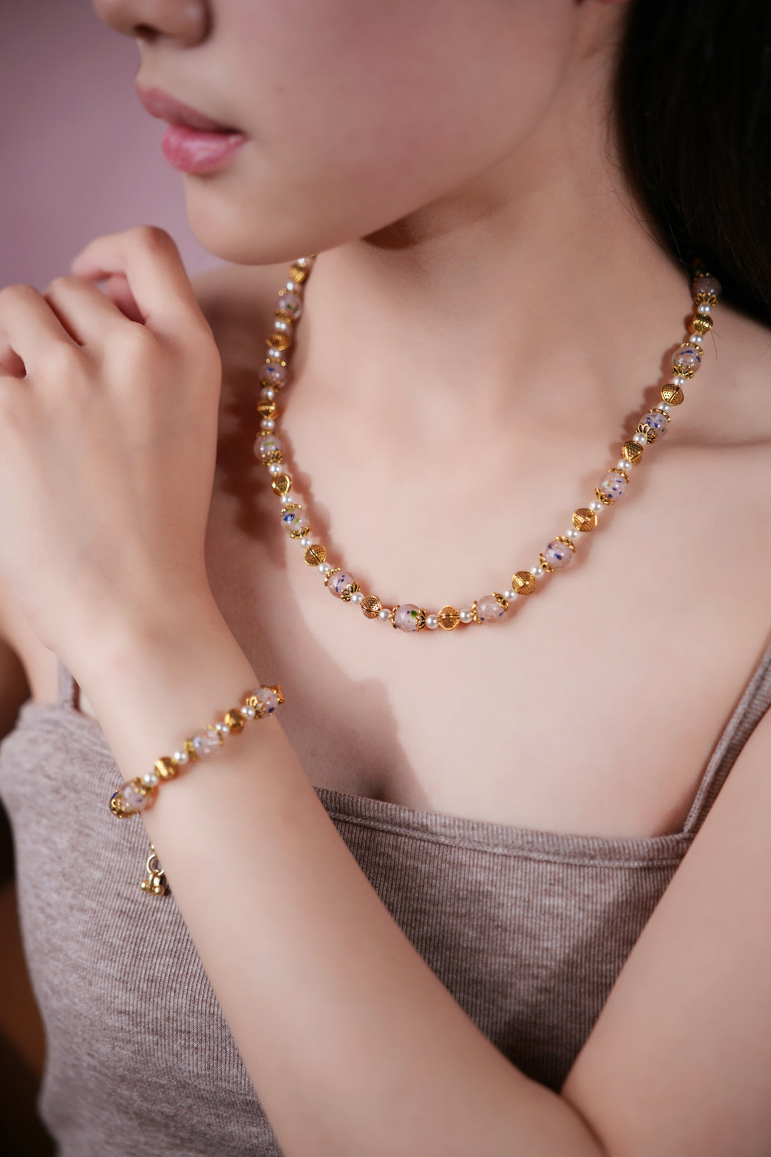 Floral Glazed Bead & Pearl Necklace