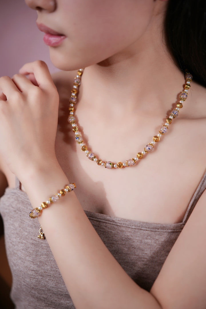 Floral Glazed Bead & Pearl Necklace