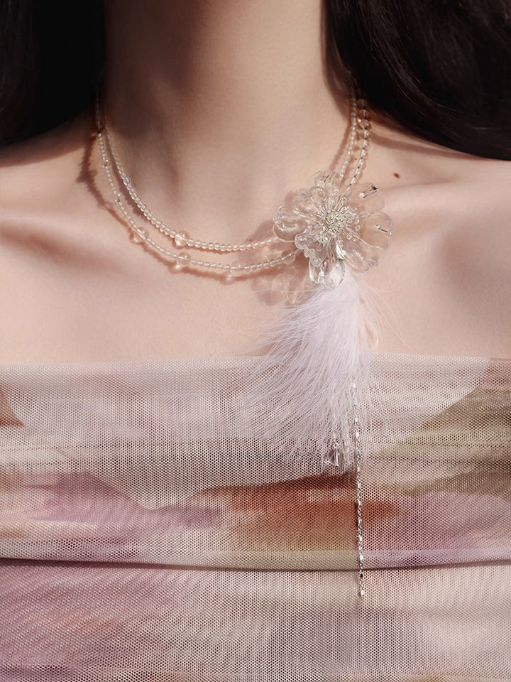 ガルサンフラワーフェザーフリンジネックレス