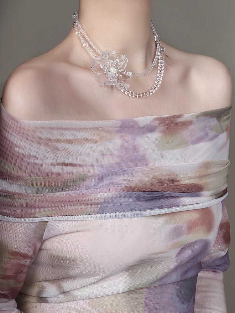 ガルサンフラワーフェザーフリンジネックレス