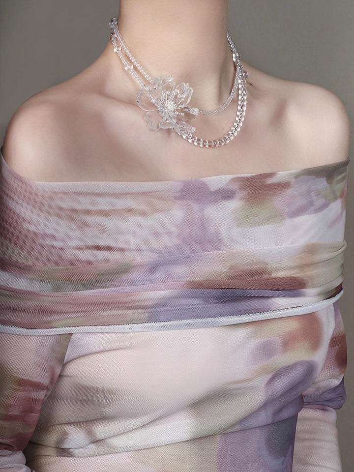 ガルサンフラワーフェザーフリンジネックレス