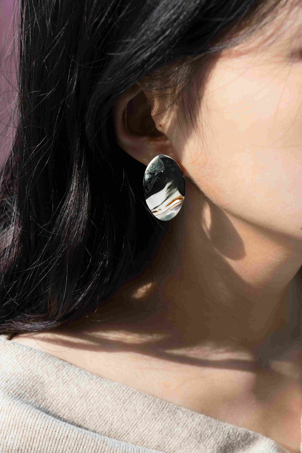 Minimalist black and white statement earrings with abstract ink wash pattern, modern oriental inspired jewelry