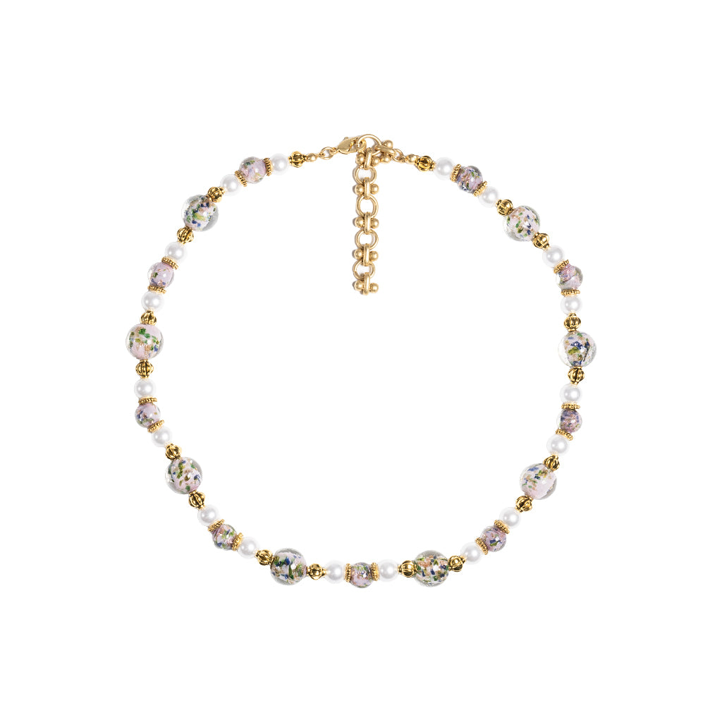 Elegant handmade beaded necklace featuring light pink hand-blown glass beads with green, blue, and gold Eastern floral ink patterns, accented with freshwater pearls and vintage ribbed gold spacer beads.