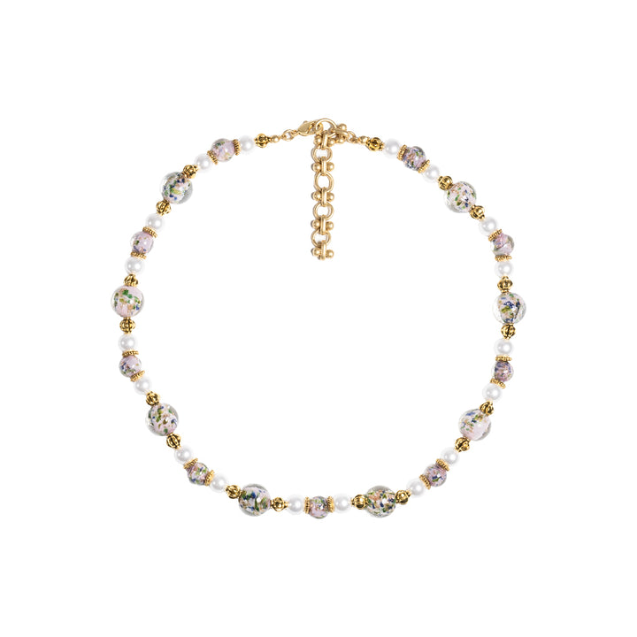 Elegant handmade beaded necklace featuring light pink hand-blown glass beads with green, blue, and gold Eastern floral ink patterns, accented with freshwater pearls and vintage ribbed gold spacer beads.