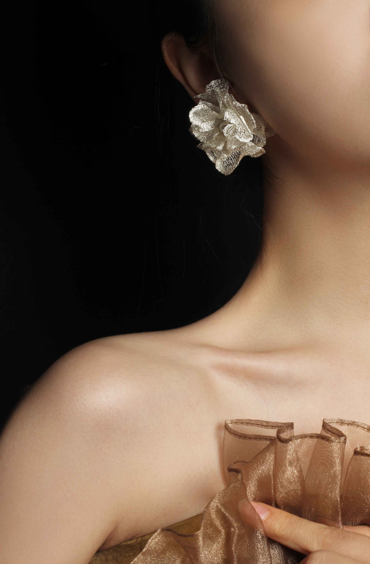 Metal Camellia Flower Pearl Stud Earring