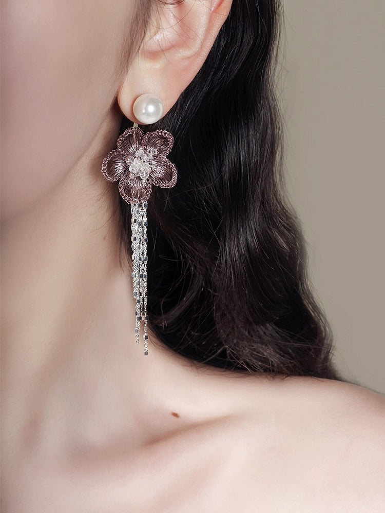 Plum Blossom Fringe Pearl Stud Earring
