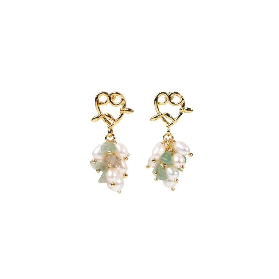 Gold heart pearl dangle earrings, green crystal stone cluster earrings, handmade boutique statement jewelry.
