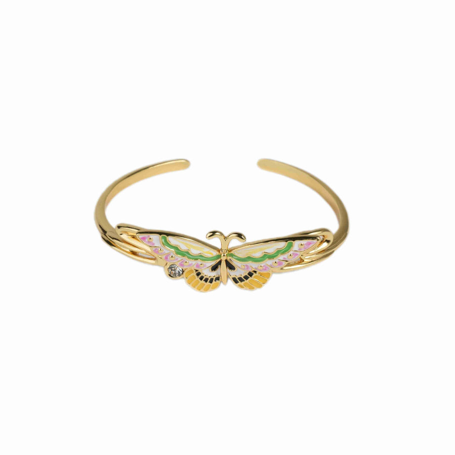 Gold enamal butterfly bangle on the white background.