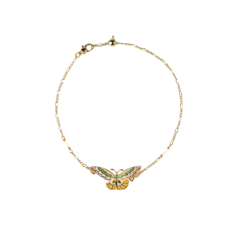 Gold Enamel Butterfly Pearl bracelet with a butterfly charm on a white background