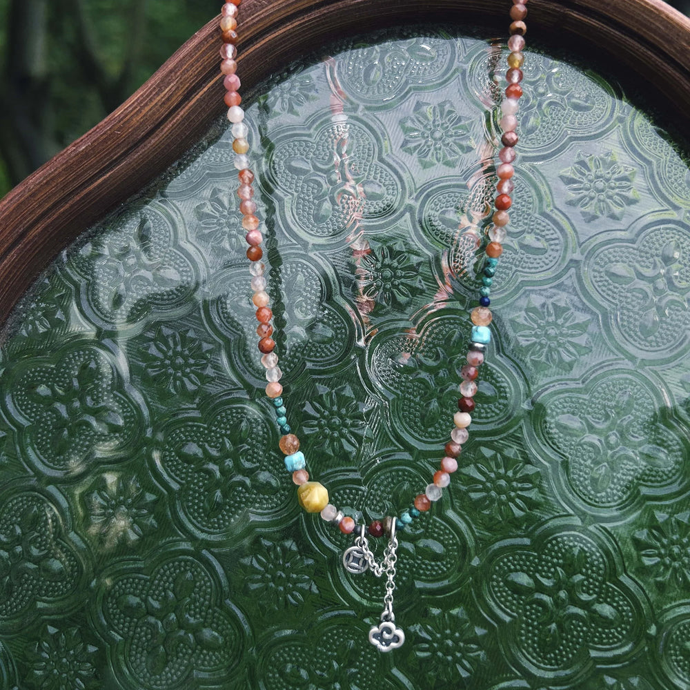 Chinese aesthetic gemstone necklace featuring colorful natural stone beads and silver lucky charms, handcrafted oriental jewelry design in 925 Sterling Silver - BE FRUITFUL