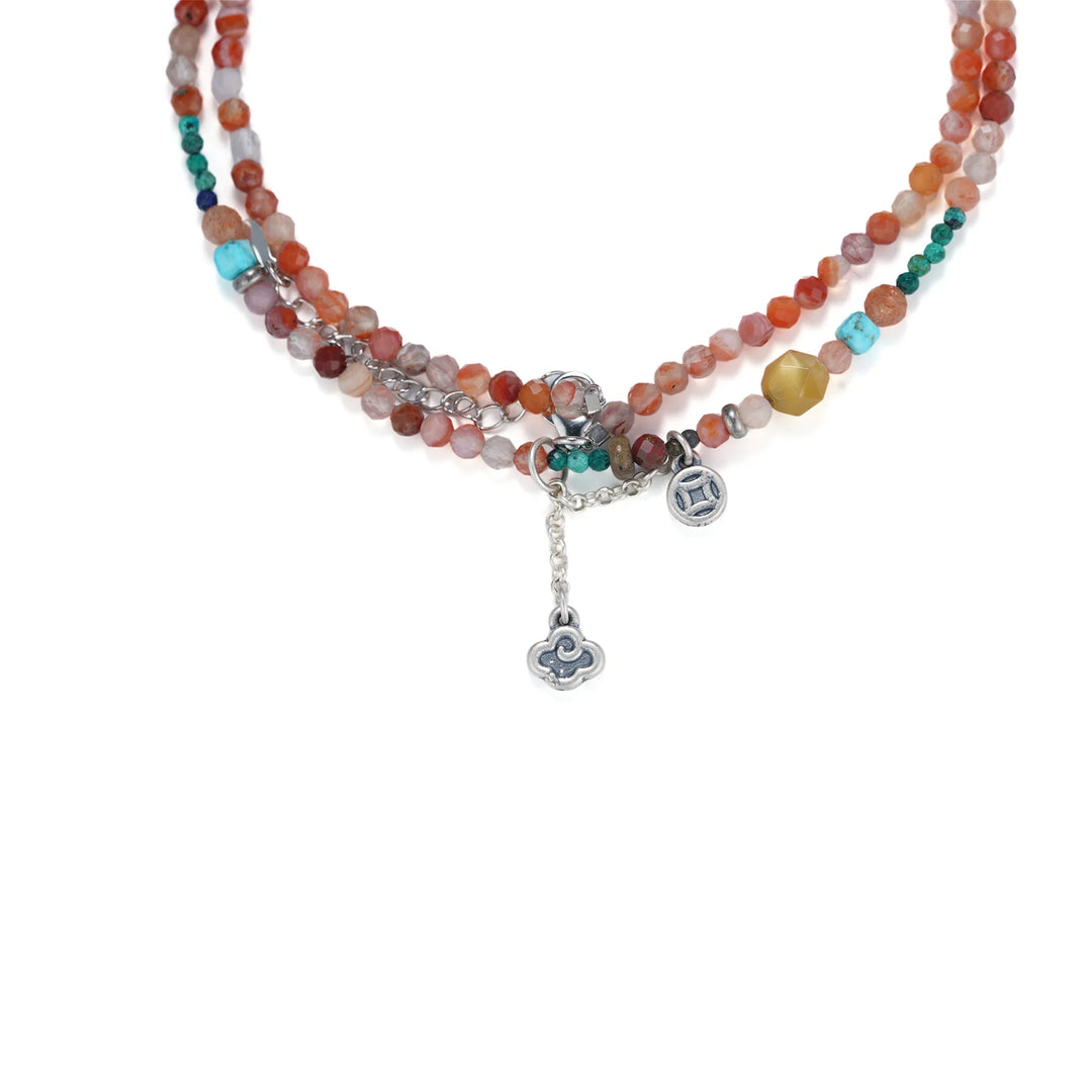 Chinese aesthetic gemstone necklace featuring colorful natural stone beads and silver lucky charms, handcrafted oriental jewelry design in 925 Sterling Silver - BE FRUITFUL