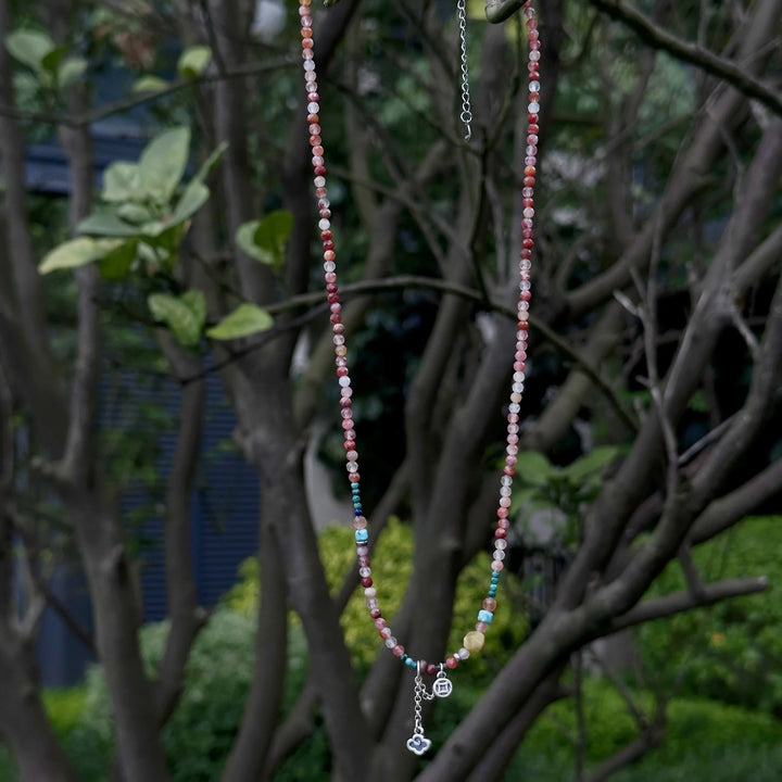 Chinese aesthetic gemstone necklace featuring colorful natural stone beads and silver lucky charms, handcrafted oriental jewelry design in 925 Sterling Silver - BE FRUITFUL